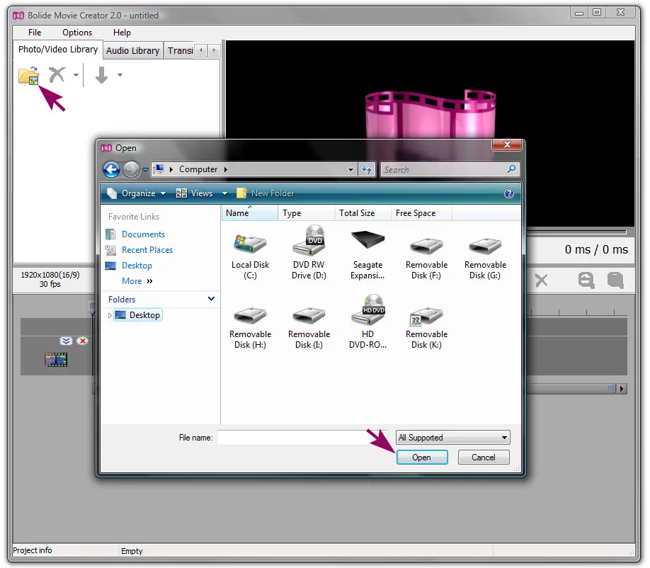 adding a photo or video in Bolide Movie Creator