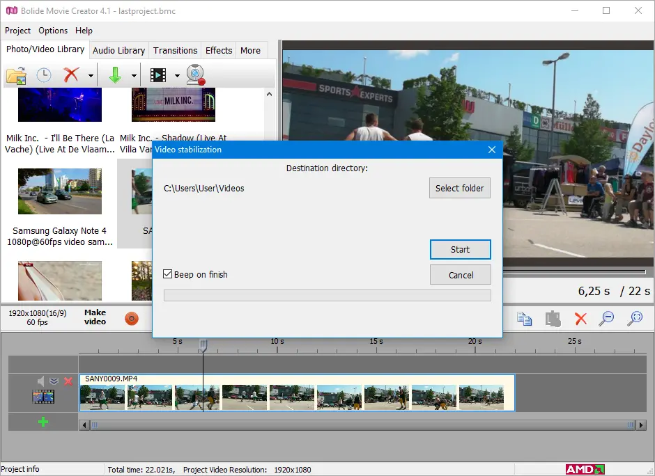 video stabilization progress in Bolide Movie Creator